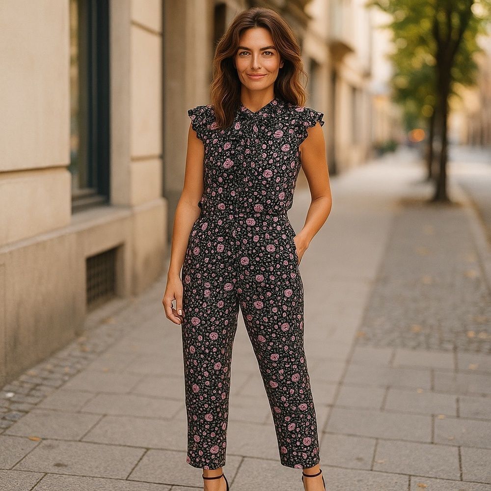 Banjanan Black Floral Antoinette Jumpsuit Size Small